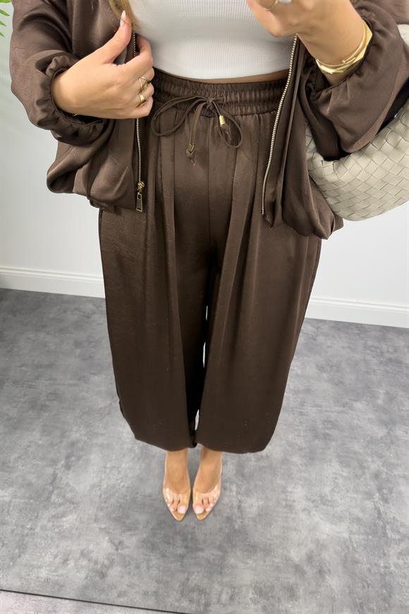 Premium Seri Tasarım Saten Şalvar Pantolon Acı Kahve