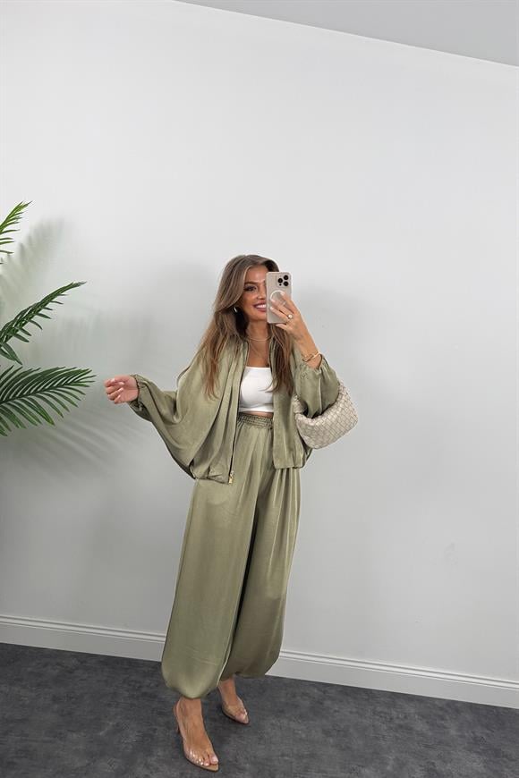 Premium Seri Tasarım Saten Şalvar Pantolon Haki