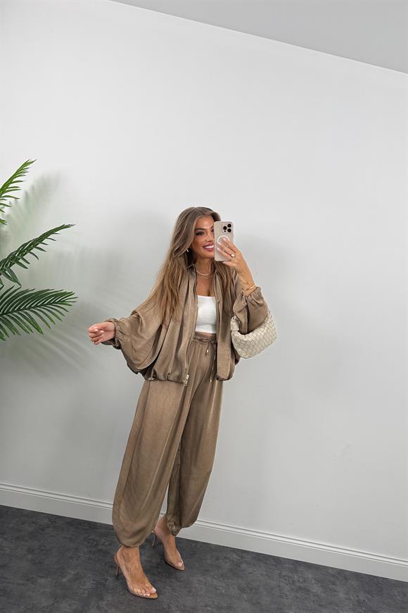 Premium Seri Tasarım Saten Şalvar Pantolon Vizon