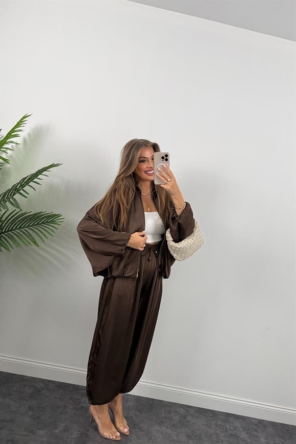 Premium Seri Tasarım Saten Şalvar Pantolon Acı Kahve