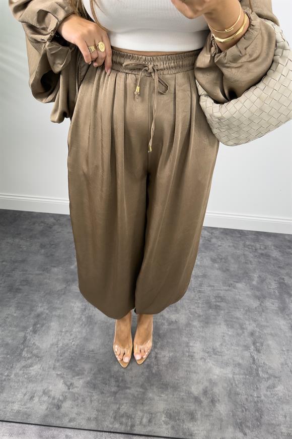 Premium Seri Tasarım Saten Şalvar Pantolon Vizon