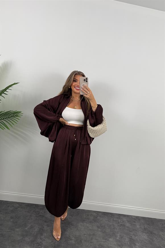 Premium Seri Tasarım Saten Şalvar Pantolon Mürdüm