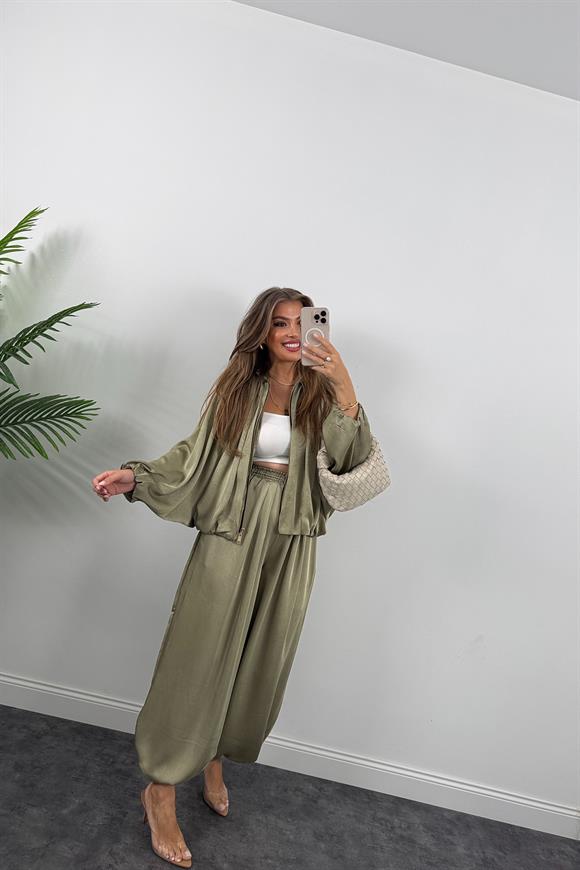 Premium Seri Tasarım Saten Şalvar Pantolon Haki
