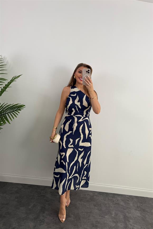 Premium Seri Tek Omuz Keten Midi Elbise Lacivert Krem