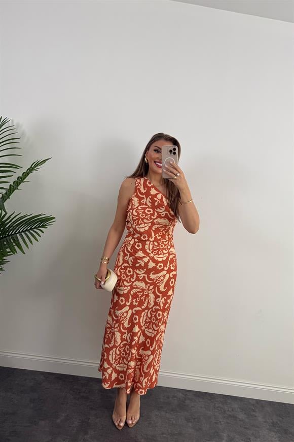 Premium Seri Tek Omuz Keten Midi Elbise Kiremit Krem