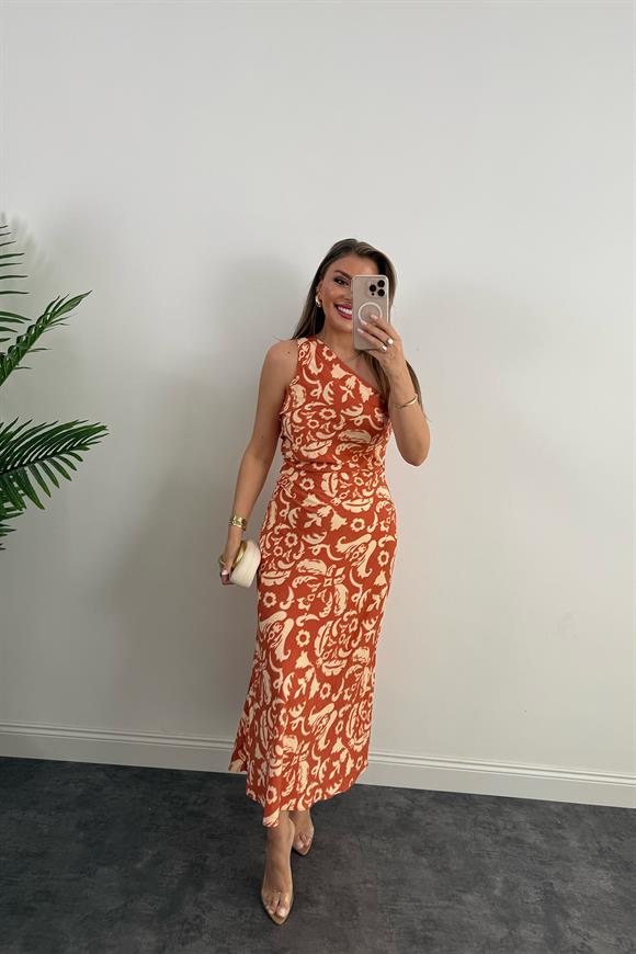 Premium Seri Tek Omuz Keten Midi Elbise Kiremit Krem