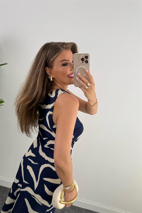 Premium Seri Tek Omuz Keten Midi Elbise Lacivert Krem