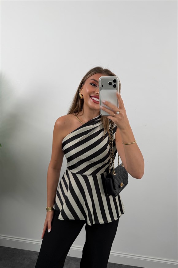 Premium Seri Tek Omuz Saten Bluz Siyah Krem