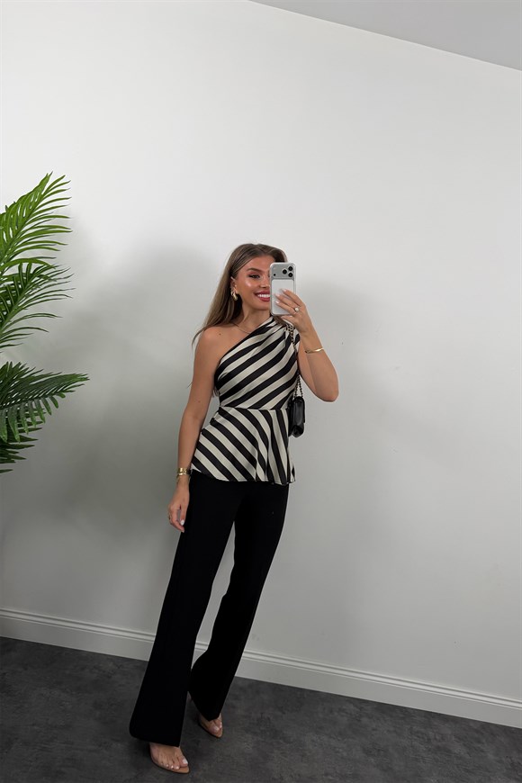 Premium Seri Tek Omuz Saten Bluz Siyah Krem