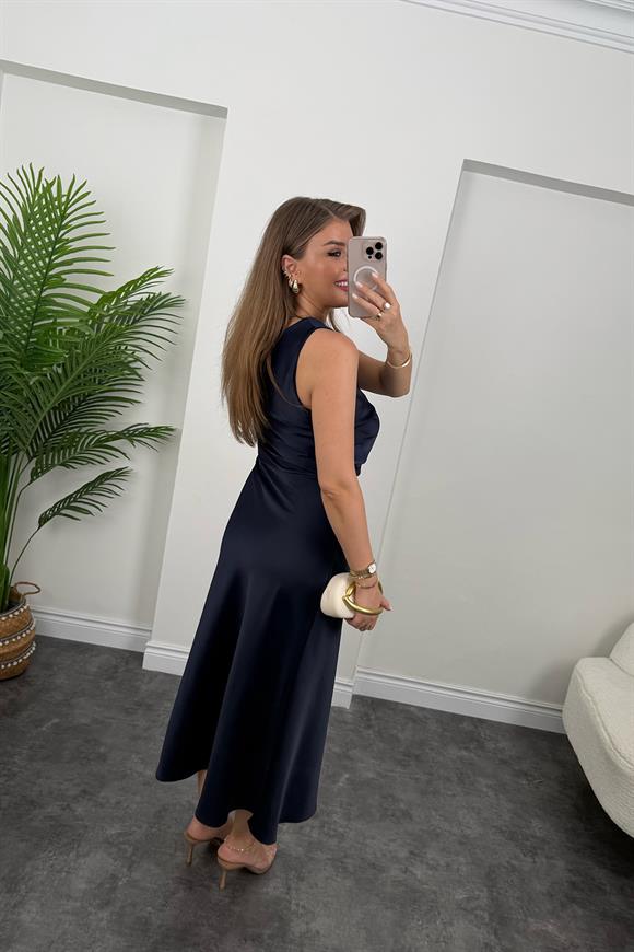 Premium Seri Tek Omuz Saten Maxi Elbise Lacivert 