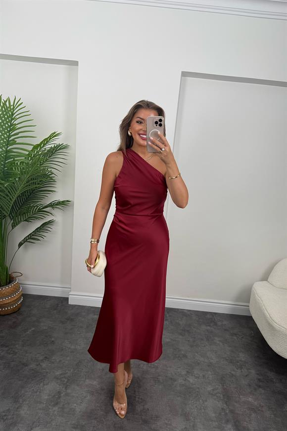 Premium Seri Tek Omuz Saten Maxi Elbise Bordo