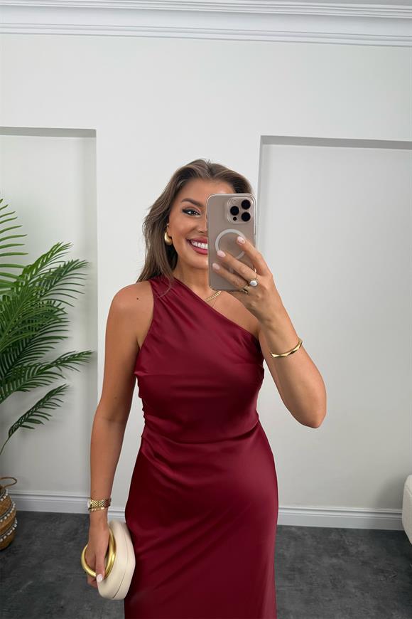 Premium Seri Tek Omuz Saten Maxi Elbise Bordo