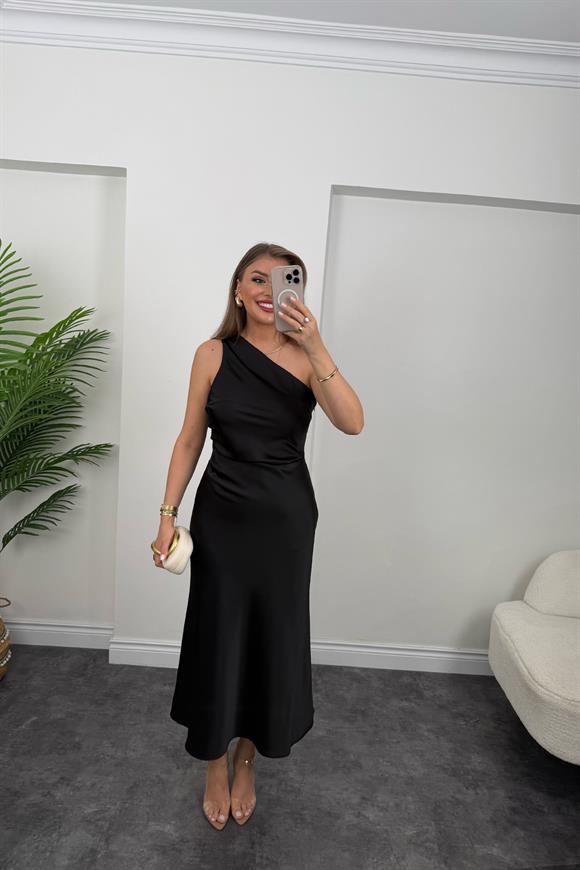 Premium Seri Tek Omuz Saten Maxi Elbise Siyah