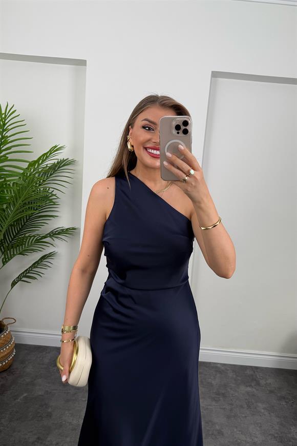 Premium Seri Tek Omuz Saten Maxi Elbise Lacivert 