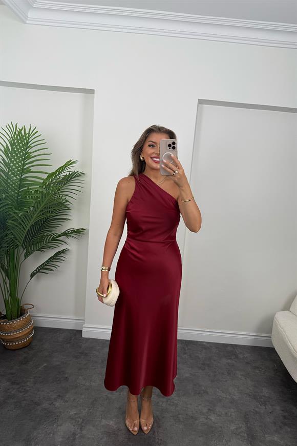Premium Seri Tek Omuz Saten Maxi Elbise Bordo