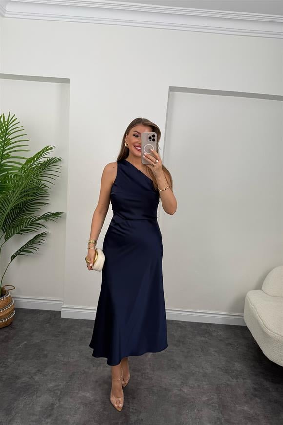 Premium Seri Tek Omuz Saten Maxi Elbise Lacivert 