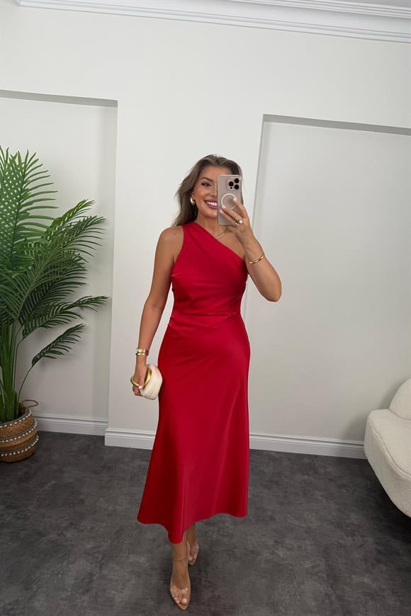 Premium Seri Tek Omuz Saten Maxi Elbise Kırmızı
