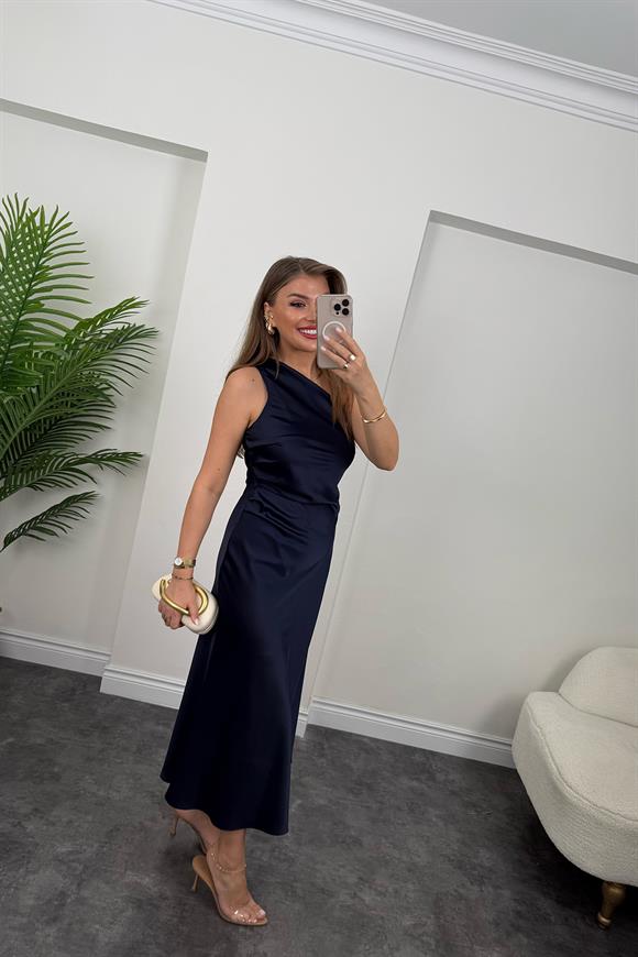 Premium Seri Tek Omuz Saten Maxi Elbise Lacivert 