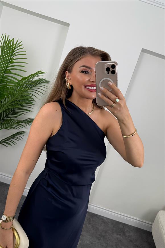 Premium Seri Tek Omuz Saten Maxi Elbise Lacivert 