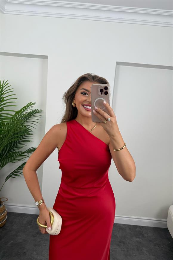 Premium Seri Tek Omuz Saten Maxi Elbise Kırmızı