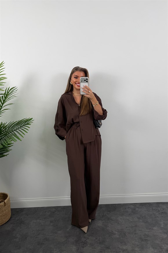 Premium Seri Tensel Gömlek Palazzo Dökümlü Takım Koyu Kahve