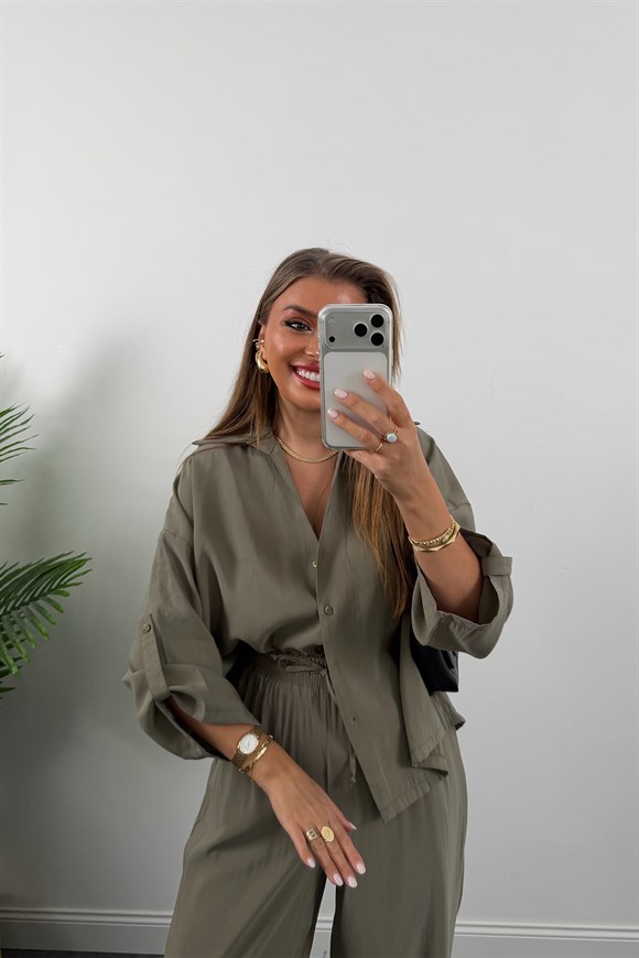 Premium Seri Tensel Gömlek Palazzo Dökümlü Takım Haki