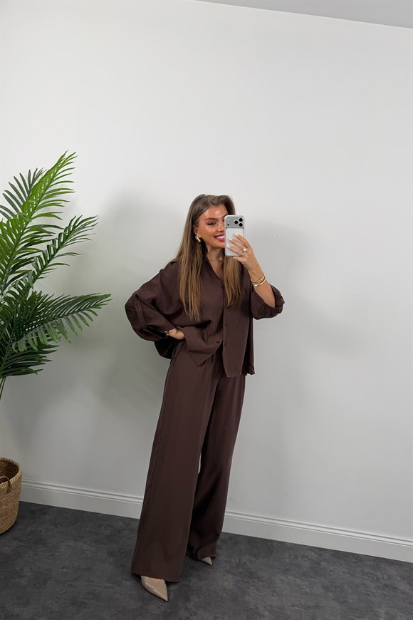 Premium Seri Tensel Gömlek Palazzo Dökümlü Takım Koyu Kahve