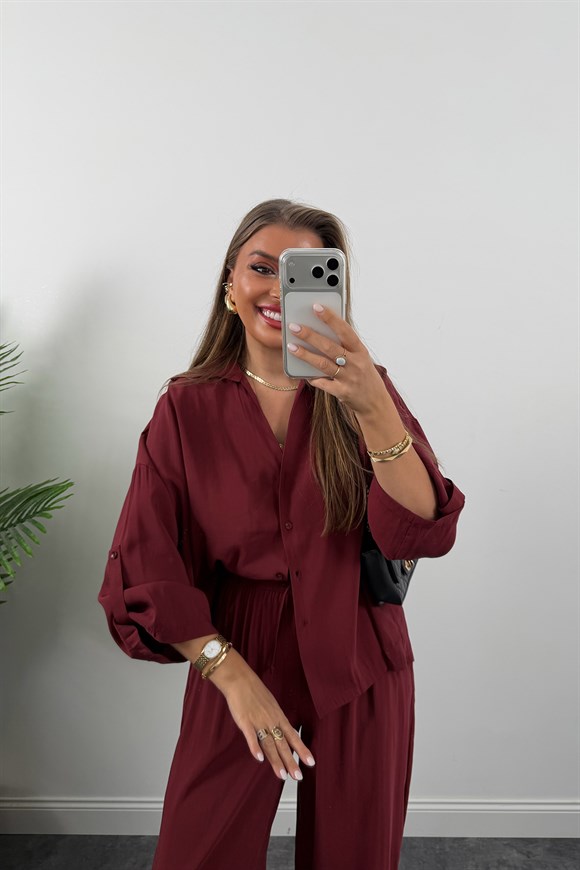 Premium Seri Tensel Gömlek Palazzo Dökümlü Takım Bordo