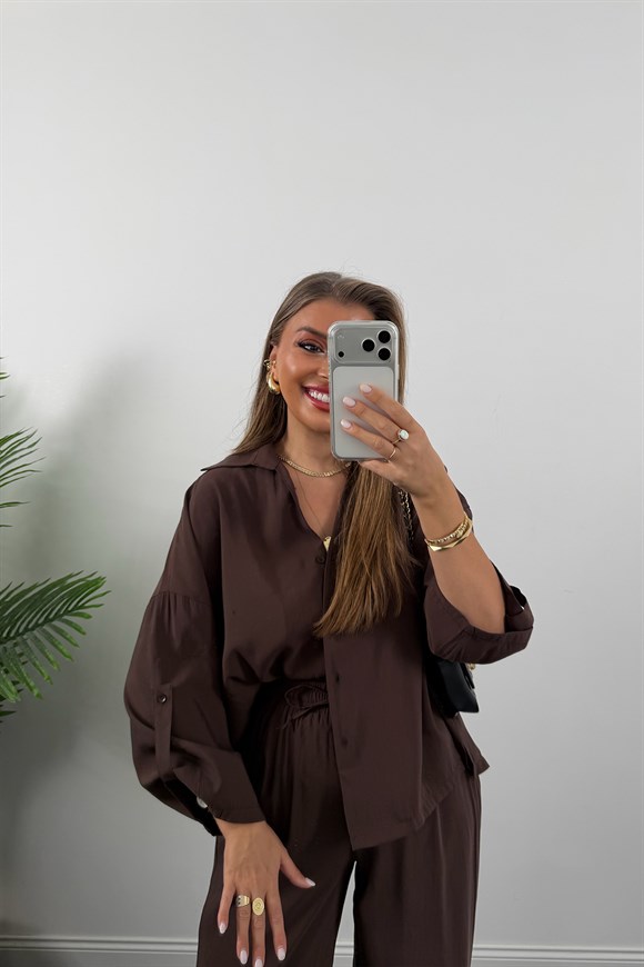 Premium Seri Tensel Gömlek Palazzo Dökümlü Takım Koyu Kahve
