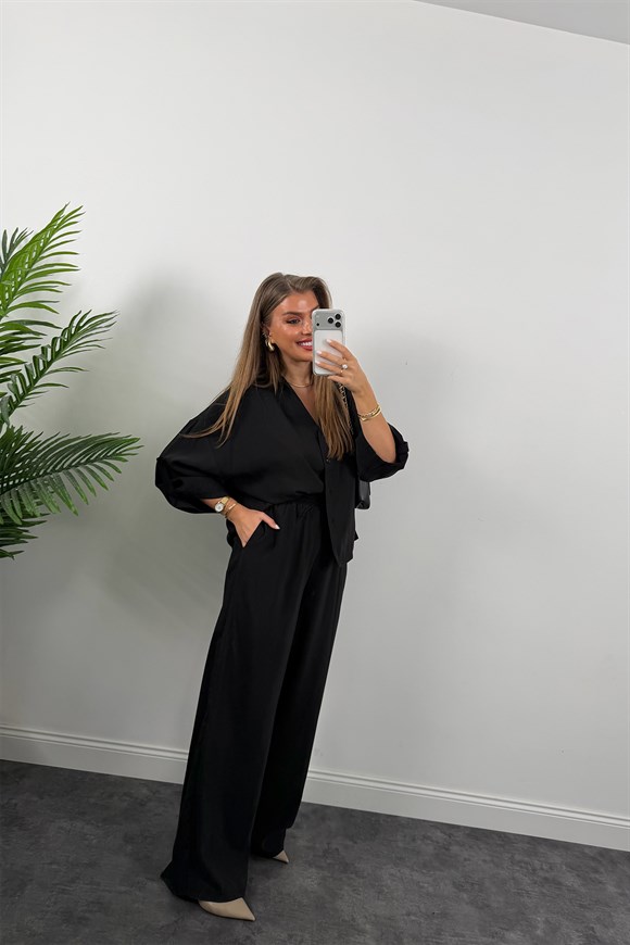 Premium Seri Tensel Gömlek Palazzo Dökümlü Takım Siyah