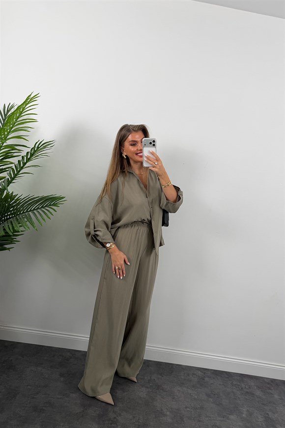 Premium Seri Tensel Gömlek Palazzo Dökümlü Takım Haki