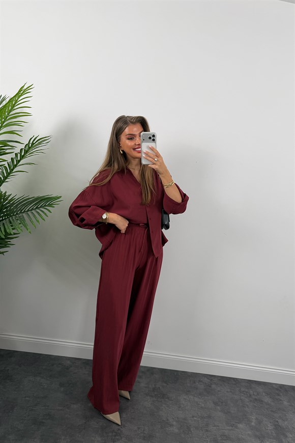 Premium Seri Tensel Gömlek Palazzo Dökümlü Takım Bordo