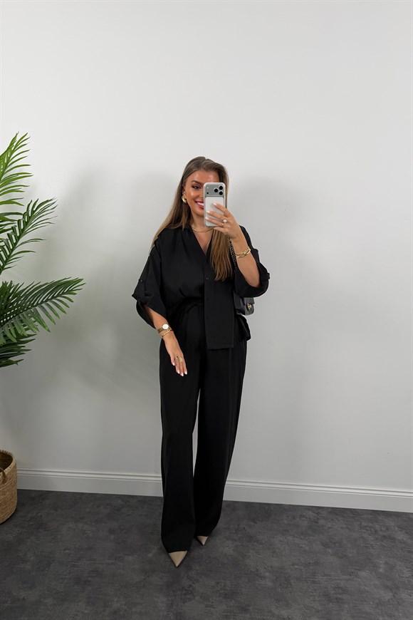 Premium Seri Tensel Gömlek Palazzo Dökümlü Takım Siyah