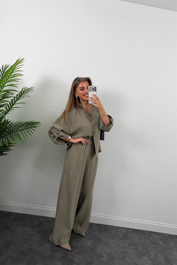 Premium Seri Tensel Gömlek Palazzo Dökümlü Takım Haki