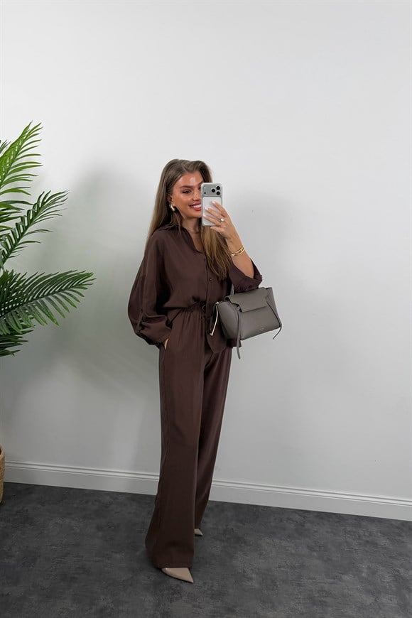 Premium Seri Tensel Gömlek Palazzo Dökümlü Takım Koyu Kahve