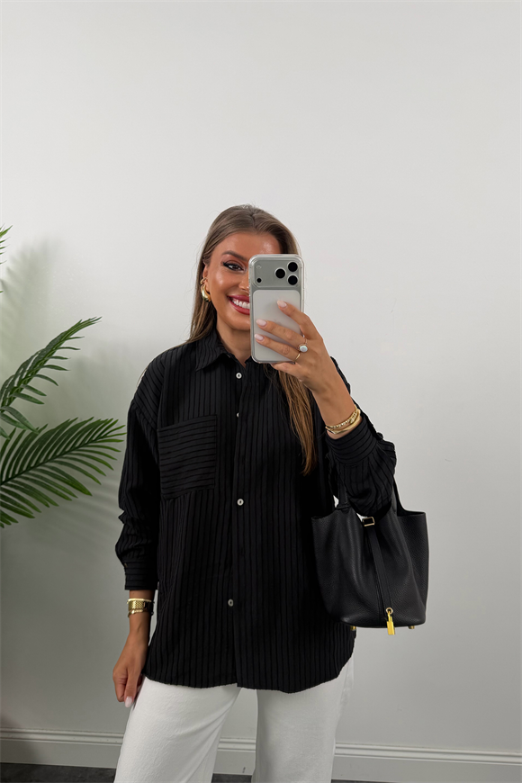 Premium Seri Tensel Kumaş Çizgileri Nakışlı Gömlek Siyah