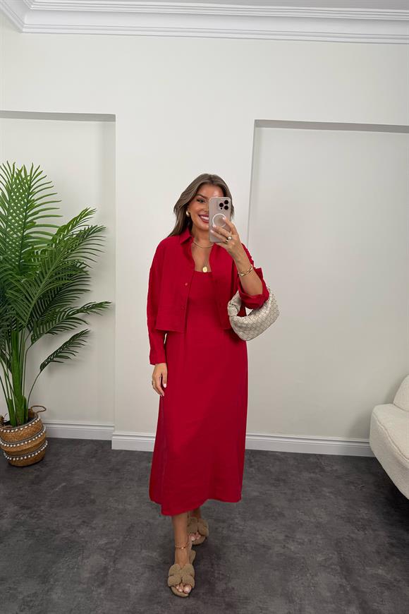 Premium Seri Tensel Kumaş Elbise Gömlek Takım Tatlı Kırmızı