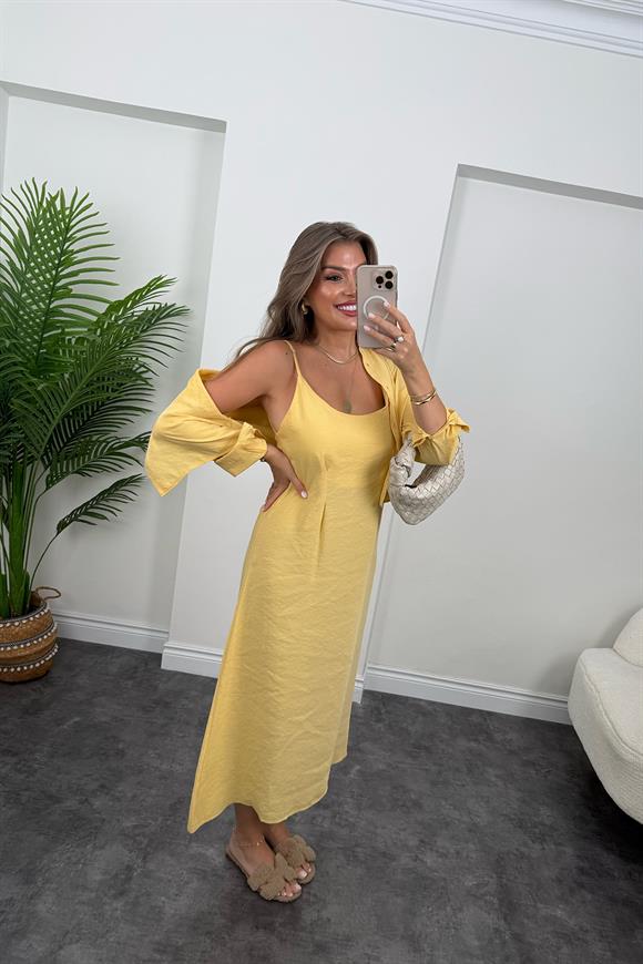 Premium Seri Tensel Kumaş Elbise Gömlek Takım Pastel Sarı