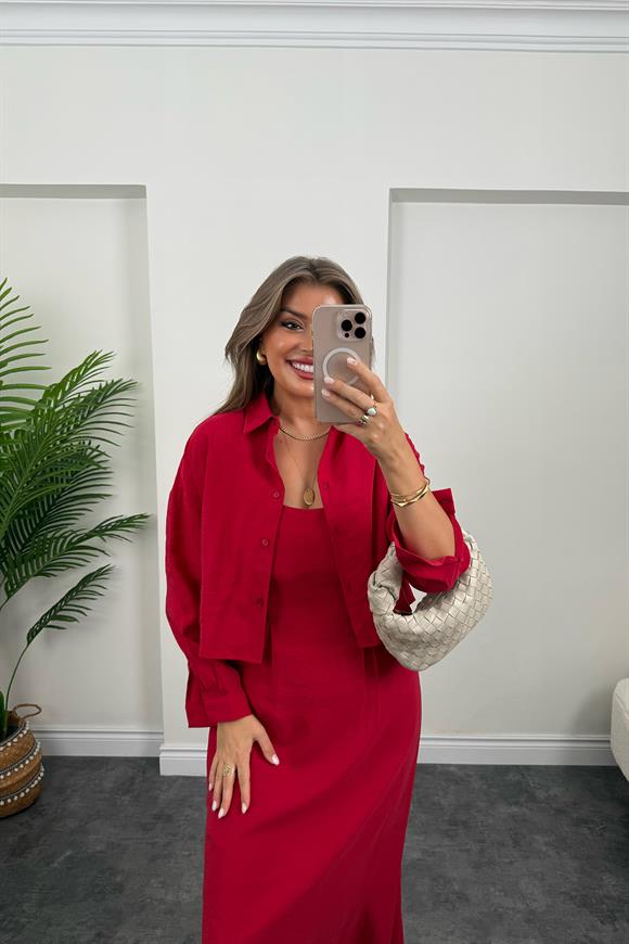 Premium Seri Tensel Kumaş Elbise Gömlek Takım Tatlı Kırmızı