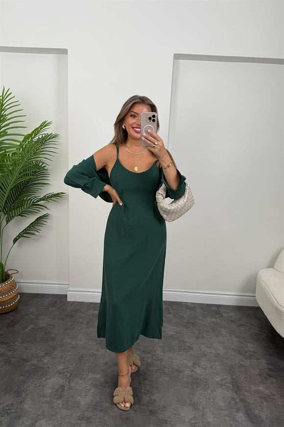 Premium Seri Tensel Kumaş Elbise Gömlek Takım Zümrüt