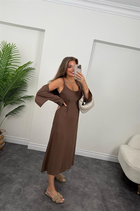 Premium Seri Tensel Kumaş Elbise Gömlek Takım Kahverengi