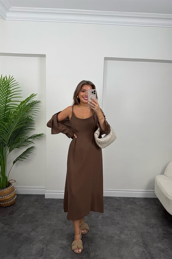 Premium Seri Tensel Kumaş Elbise Gömlek Takım Kahverengi