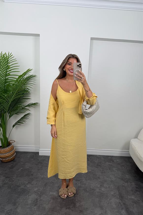 Premium Seri Tensel Kumaş Elbise Gömlek Takım Pastel Sarı