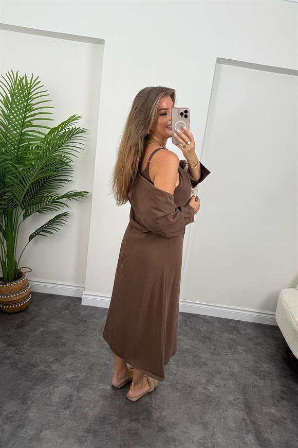 Premium Seri Tensel Kumaş Elbise Gömlek Takım Kahverengi