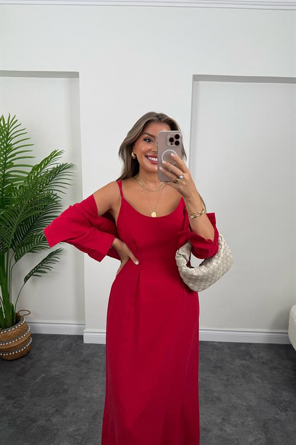 Premium Seri Tensel Kumaş Elbise Gömlek Takım Tatlı Kırmızı