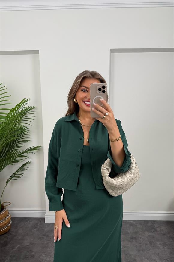 Premium Seri Tensel Kumaş Elbise Gömlek Takım Zümrüt