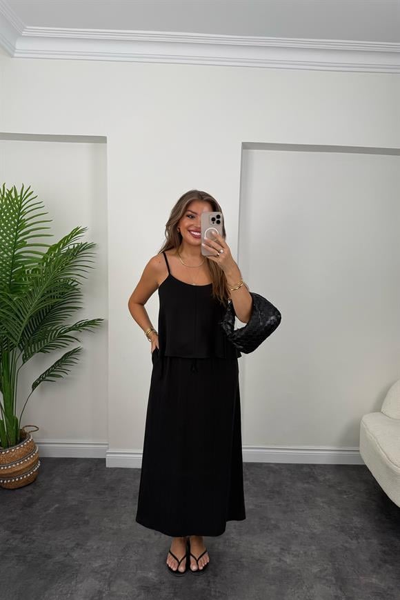 Premium Seri Tensel Kumaş Etek Bluz Takım Siyah