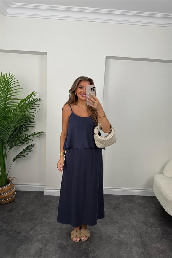 Premium Seri Tensel Kumaş Etek Bluz Takım Lacivert