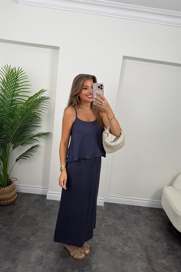 Premium Seri Tensel Kumaş Etek Bluz Takım Lacivert