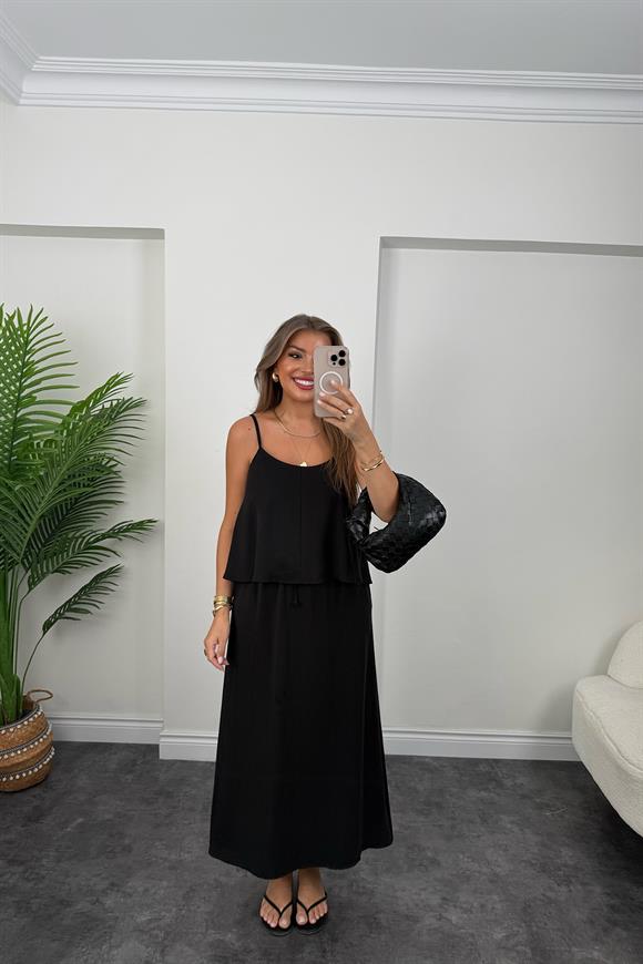 Premium Seri Tensel Kumaş Etek Bluz Takım Siyah